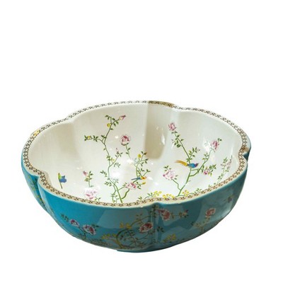 Blue Bathroom Vessel Sinks Ceramic Countertop Jingdezhen Art Flower Shape Was...