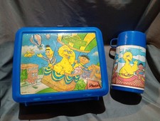 1980s Vintage Sesame Street Plastic Lunch Box With Thermos Blue Aladdin