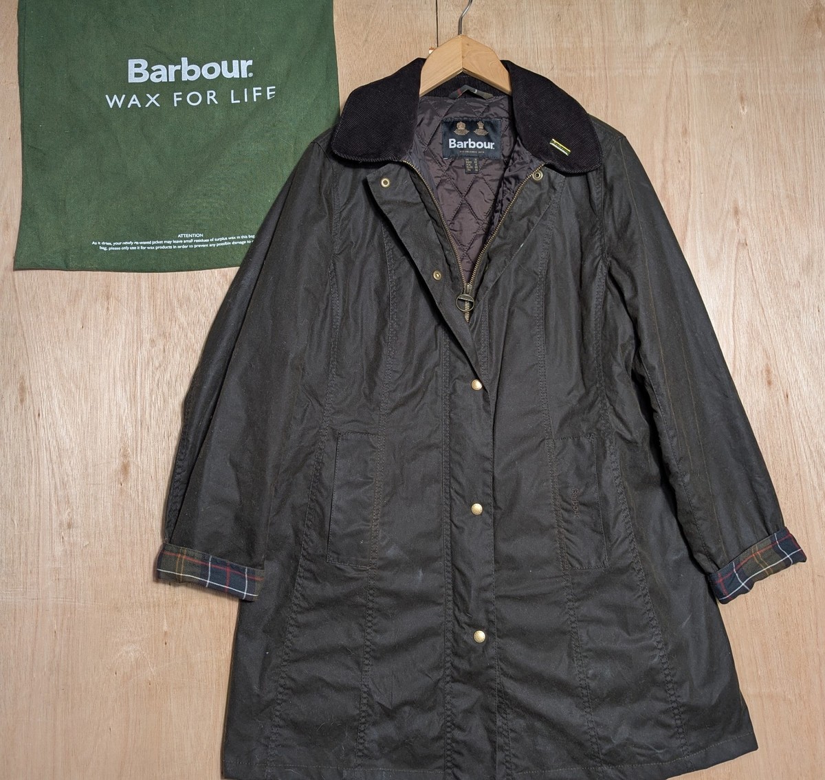 Barbour Belsay Wax Jacket Ladies UK 16 Olive Green Brown Long - Main Image