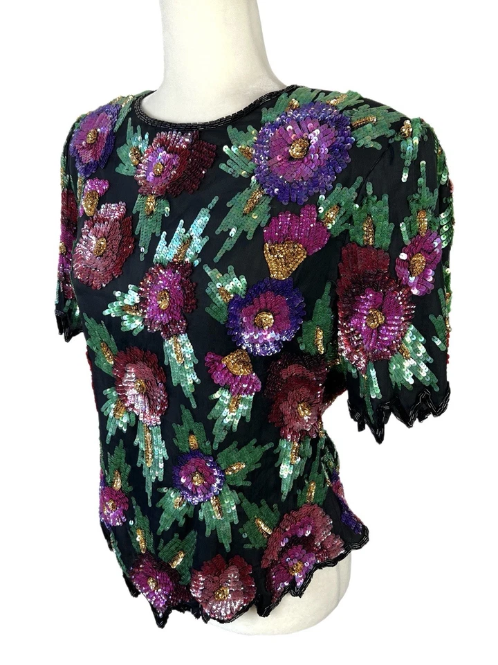 Женский винтажный топ Lawrence Kazar с бисером размер L шелк цветочный на молнии - Изображение 2 из 4