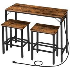Bar Table and Chairs Set, 47.2" Dining Table Set with Power Outlet, 3-Piece P...