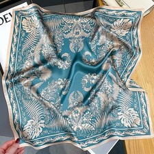 100 Silk Scarf Women Vintage Blue Flower Kerchief Square Bandana Wrap 53 53cm