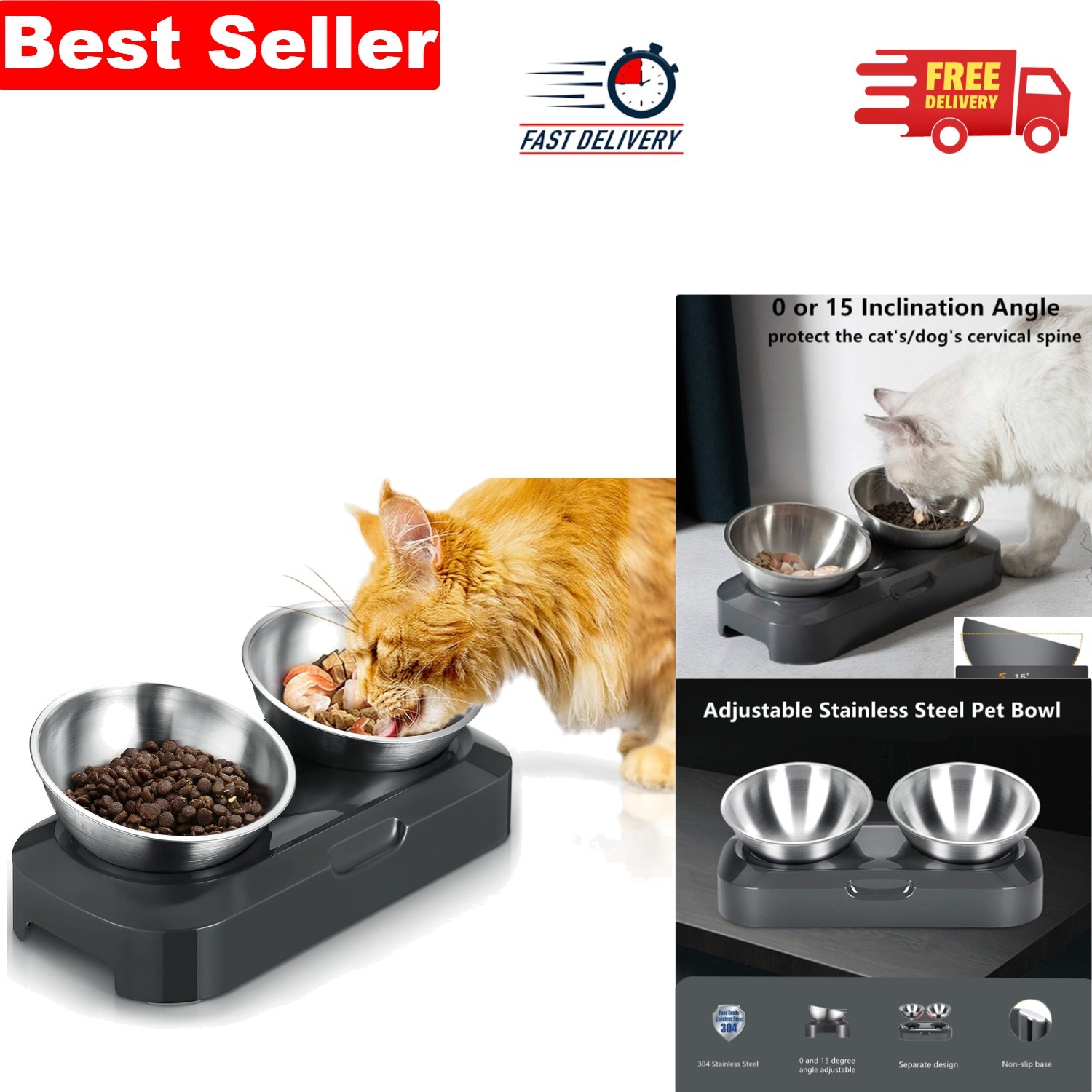 Stainless Steel Cat Bowls with Adjustable Feeding Angles and Placemat