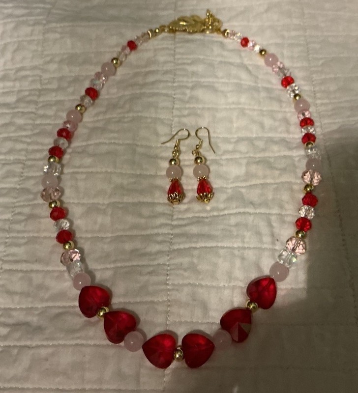 Artist Glass Lamp works Hearts,Gems, Facet crystal Necklace Set