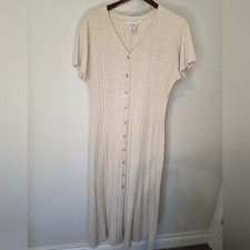 Express Tricot Linen Blend Button Front Midi Dress Beige Vintage L
