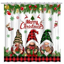 Merry Christmas Shower Curtain 72" x 72" Enchanted Woodland Elves Santa Claus...