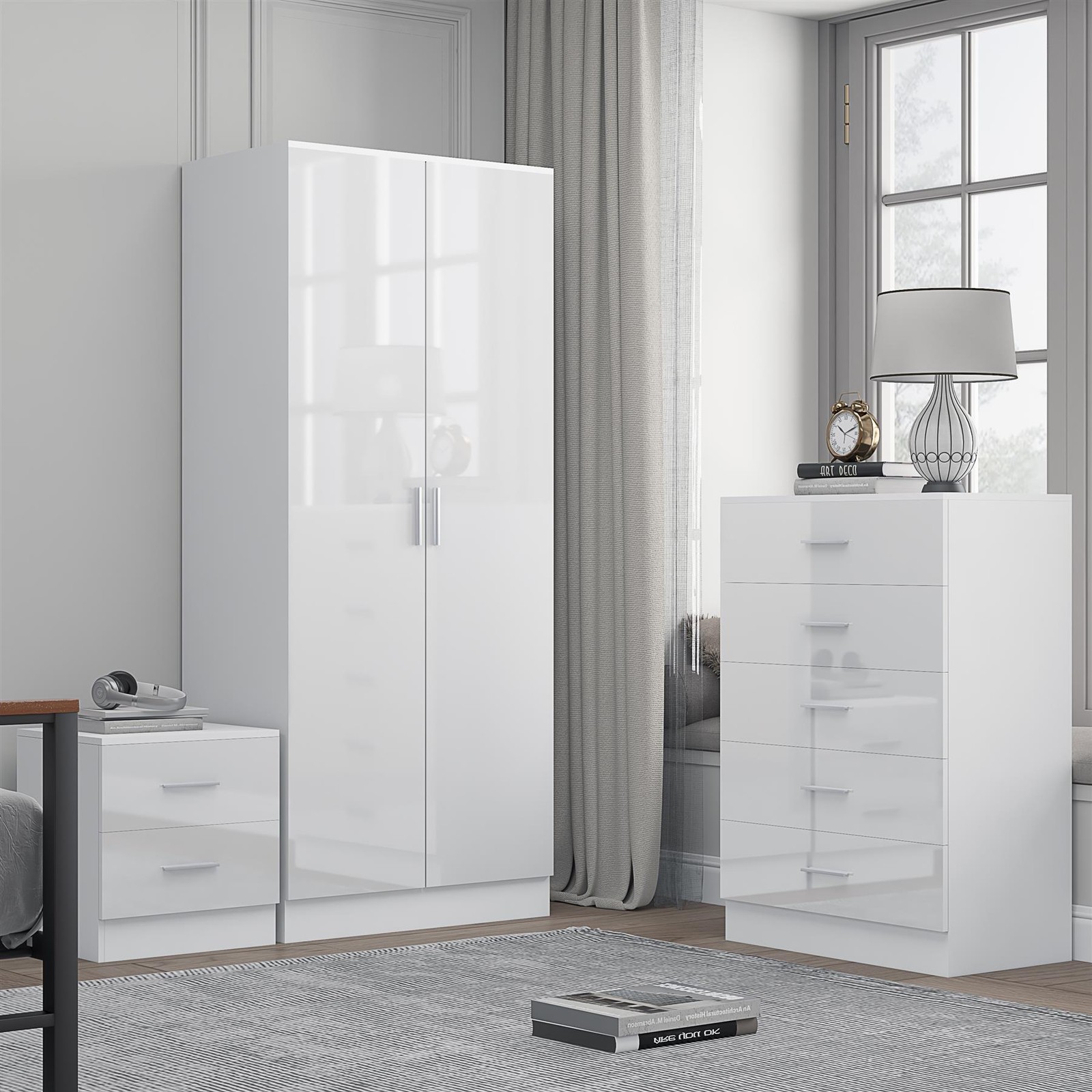 REFLECT 2dr Plain + Chest of Drawers + Bedside - White/White