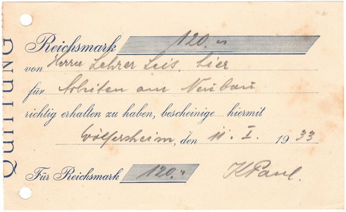 German Reich Receipt/Cheque for 120 Reichsmark from 11.1.1933 RARE