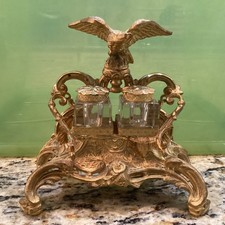 Antique Cut Crystal Inkwell with Repoussé Gilt Brass Hinged Lid — listing 4