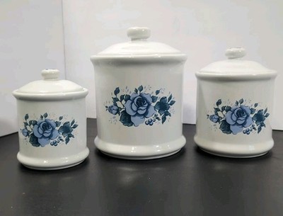Jay Import Blue Velvet Rose Canisters Set Of 3 with Tight Lids Vintage Granny
