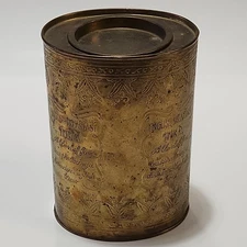 Vintage English Breakfast Tea Tin Container Engraved Brass Oval Can Patina 7"