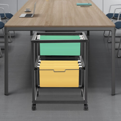 2-Tier Metal Rolling File Cart Hanging Files Movable Drawer File Cabinet Office