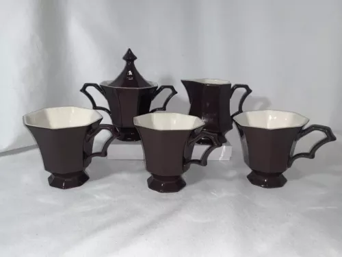 Vtg Independence Ironstone Interpace Octagonal Set Of 5-Creamer, Sugar, Mugs