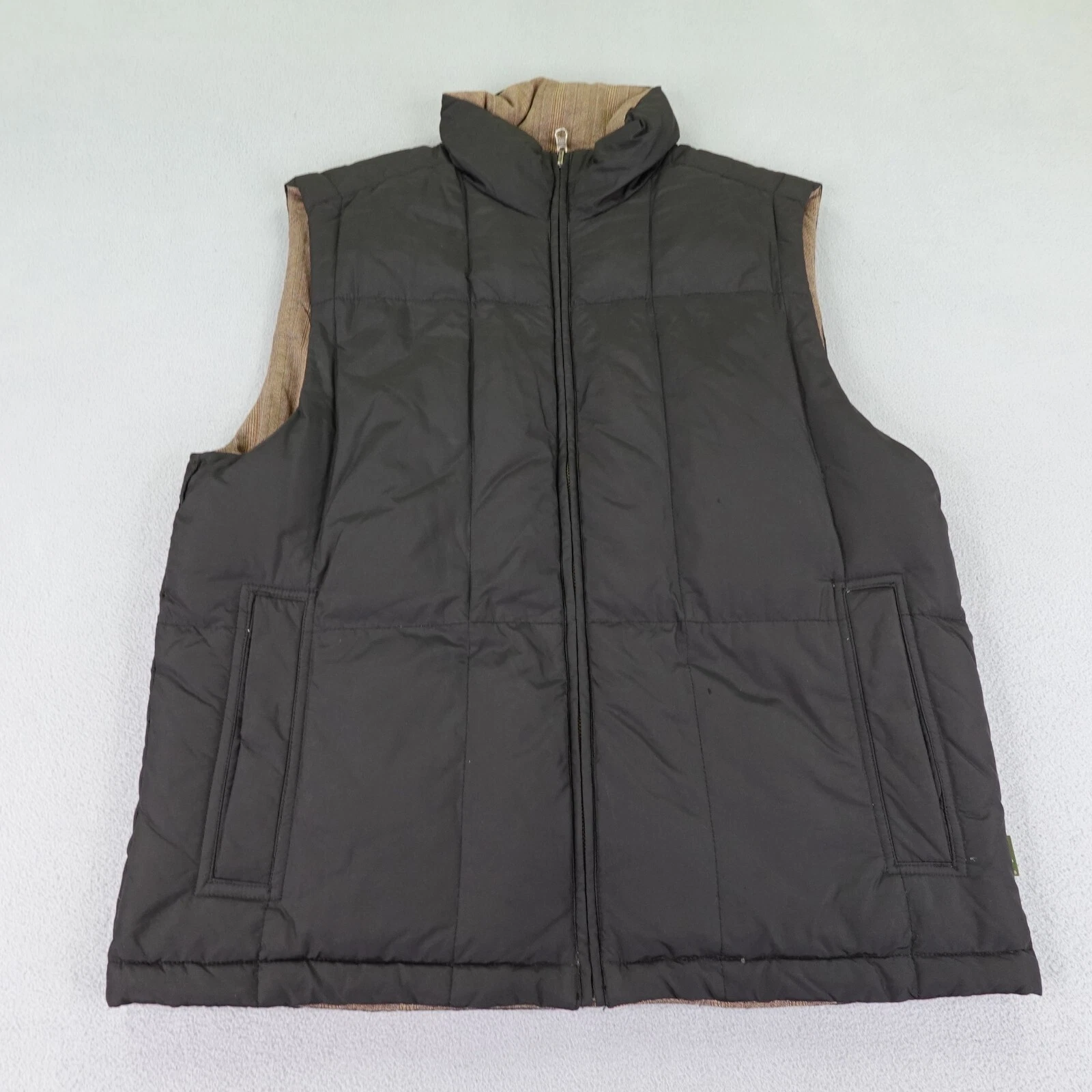 Eddie Bauer Vest Mens Medium Brown Black Reversible Goose Down Puffer Quilted ^