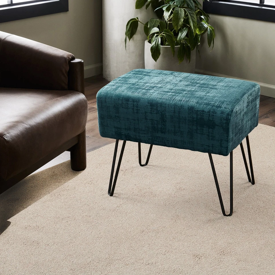 Plush Textured Velvet Ottoman Footstool Metal Legs Accent for Modern Living Room - Image 3 of 4