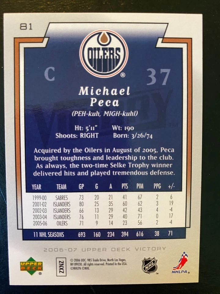 Michael Peca 2006-07 Upper Deck Victory #81 Edmonton Oilers - Image 2 of 3