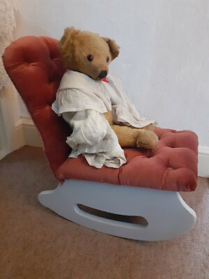 Antique child dolls bear pink button back rocking chair stool Gray painted  wood UK