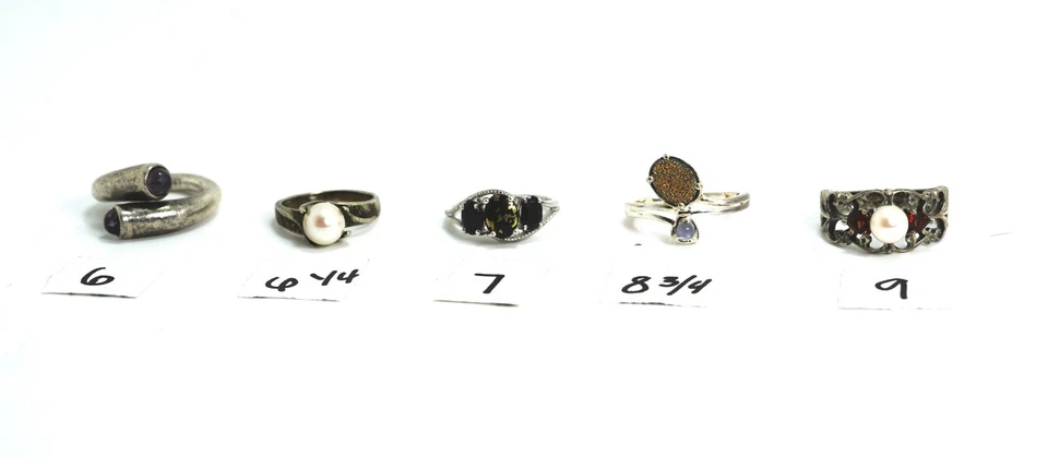 Lot of 5 Sterling Silver Pearl & Gem Rings, Size 6 - 9 - Image 2 of 4