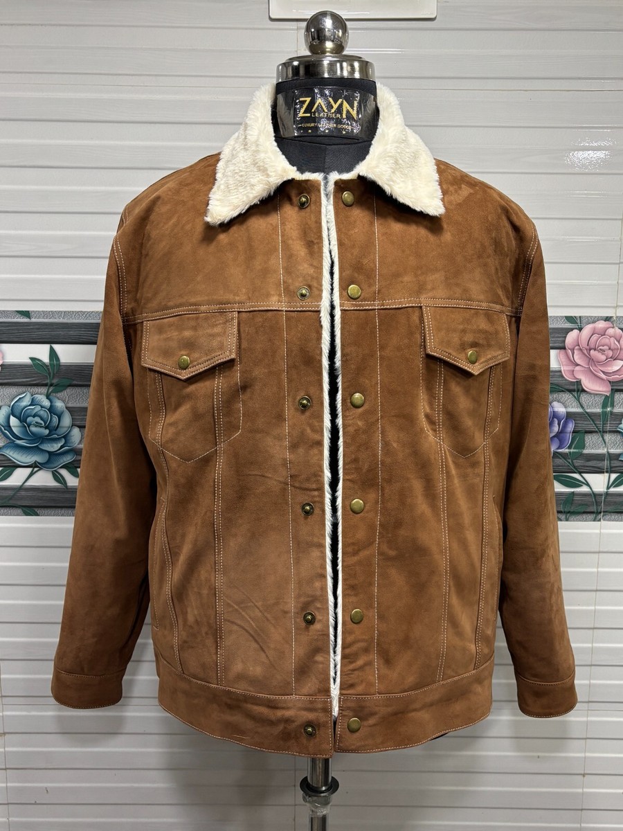 Men Shearling Faux Fur Lined Real Suede Leather Trucker Jacket