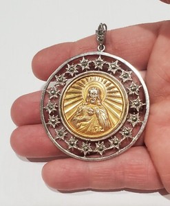 Authentic Vtg Sacred Heart of Jesus Pendant Mid Century 935 Silver, 8k Gold Plated Center