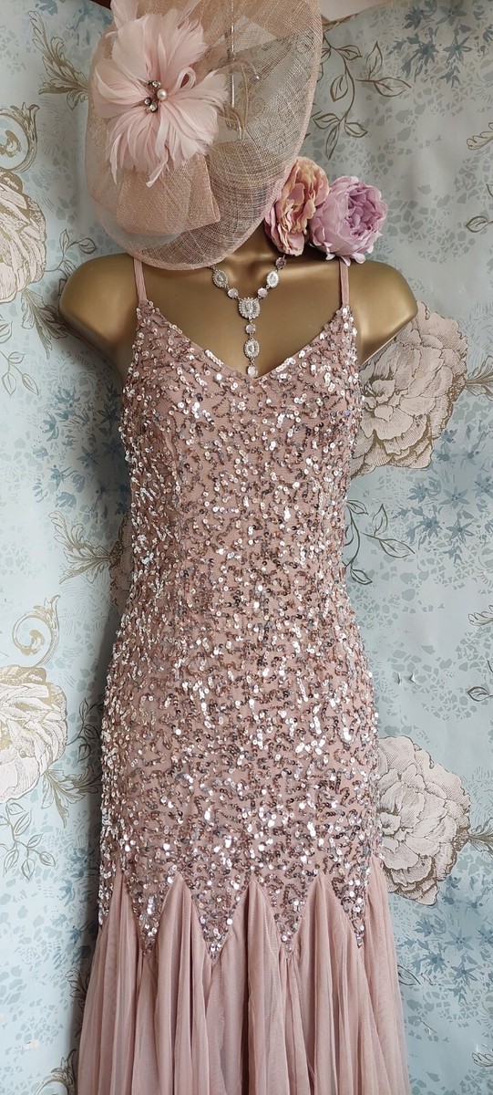 Asos Nude Pink Maya deluxe 20s Deco gatsby beaded wedding evening Lace dress  8 | eBay UK