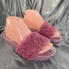 Steve Madden Jeheary Slide Girls 4 Sandals Rose Pink Glitter Heart Fur Pool Shoe