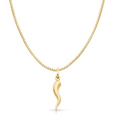 14K Yellow Gold Cornicello Italian Horn Charm Pendant 0.8mm Box Chain Necklace