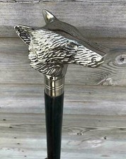 CLASSIC STYLE WOLF FACE HANDLE BLACK WOODEN WALKING STICK CANE BRASS HANDLE NICK