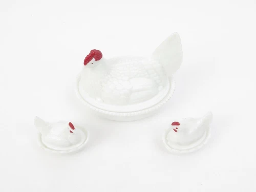 Vintage Westmoreland Milk Glass 'Hen on Nest' Set of 3 Covered Dishes