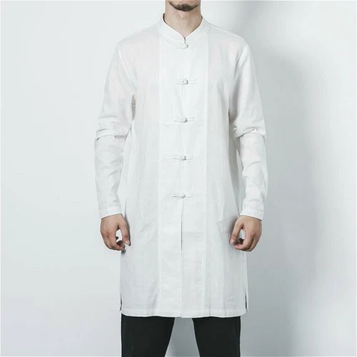 Men Chinese Kung Fu Long Jacket Top Midi Tang Suit Martial Art Shirt Loose Chic - Picture 14 of 20