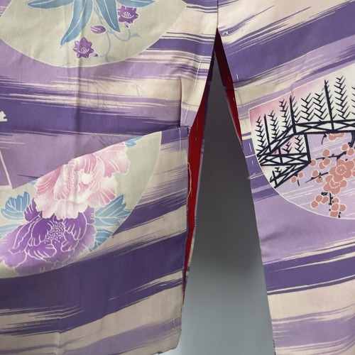 Vintage Japanese Kimono Lined Silk Fans Cherry Blossom Purple 55 in