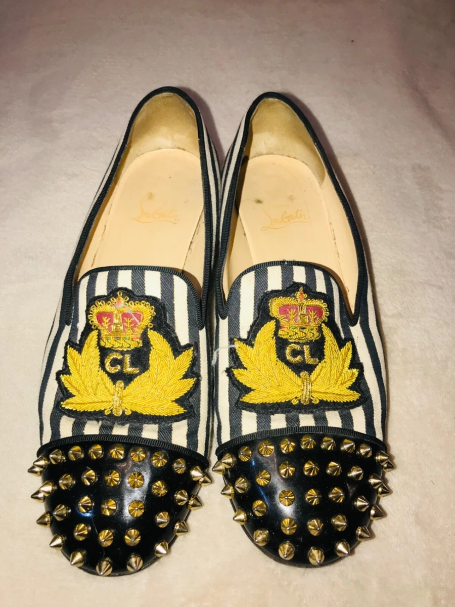 CHRISTIAN Emblem CL striped Black and white Shoes Flats Slip-on 39.5 | eBay