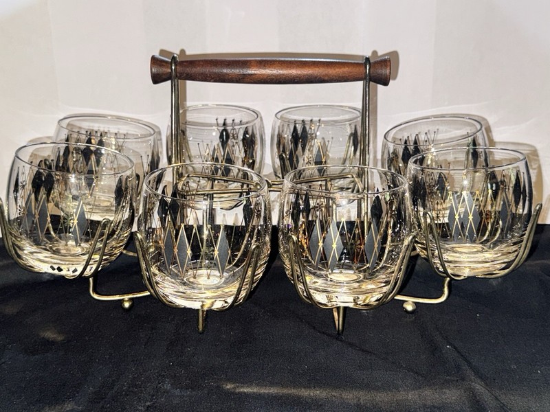 Vintage Federal Harlequin Roly Poly Black Gold Diamond Set Caddy & 8 Glasses EUC