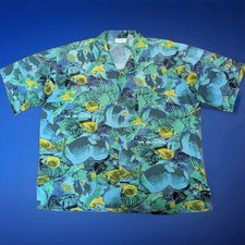 Gottex Vintage 80s Psychedelic Tropical Fish Print Casual Hawaiian Shirt XL Blue