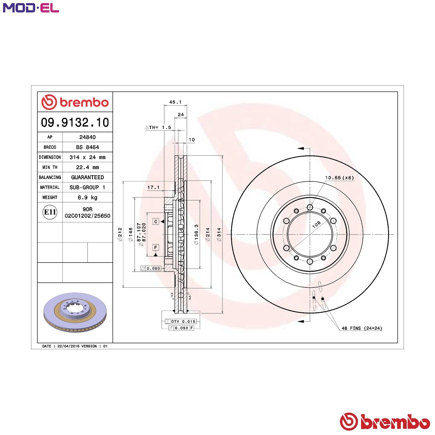Front Set 2x Brake Discs BREMBO 09.9132.10 for Mitsubishi Challenger/Sport Wagon - Image 3