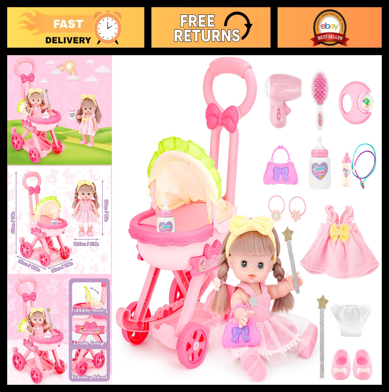 12" Baby Doll Stroller Set with Accessories - Foldable Doll 