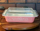 Vintage PYREX 575 B Pink Scroll 2 Qt Rectangle Casserole Dish with  550-C Lid