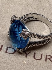 David Yurman Blue Topaz Cushion Sterling 14mm Silver 925 ring size 7.5