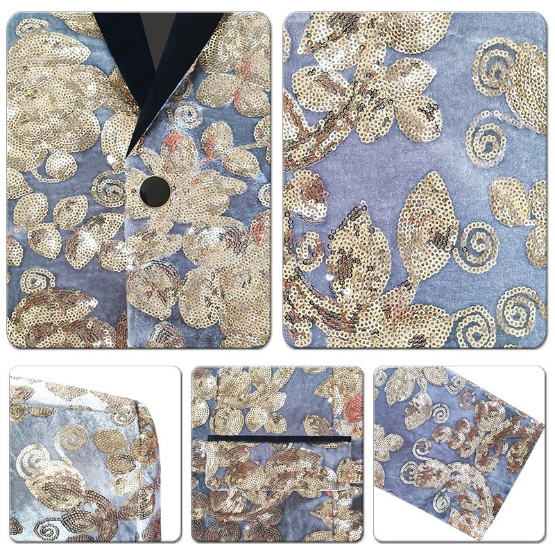 Men Velvet Blazer Jacket Shiny Gold Sequined Floral Stage Dress Performance Coat image 10
