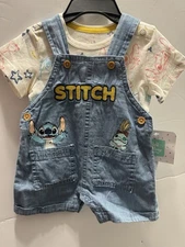 Disney Baby Stitch Denim Overall (2) Piece Set NWT SZ 0-3 Mo Short Sleeve Snap