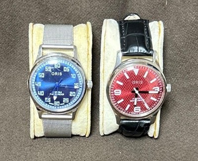 [Both Working] Vintage ORIS Set of Two Men's Manual Watches Blue, Red, Rare Pack