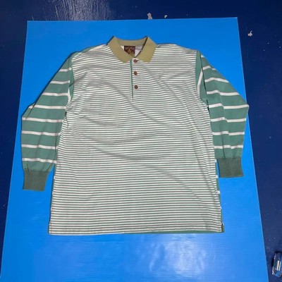 Vintage MORE&MORE Striped Rugby Shirt Long Sleeve Green White Mens L Fits an XL