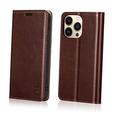Compatible with Wallet Case-Genuine Leather Flip Phone iPhone 14 Pro Brown