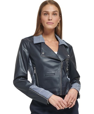 DKNY Women's Mixed-Media Plaid-Trim Moto Jacket