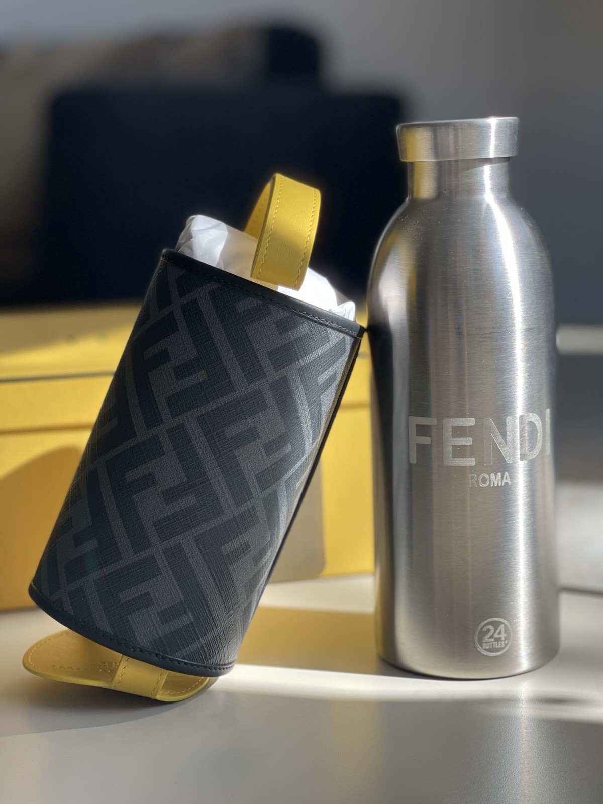 Fendi Roma stainless steel water bottle with FF woven canvas holder brand new