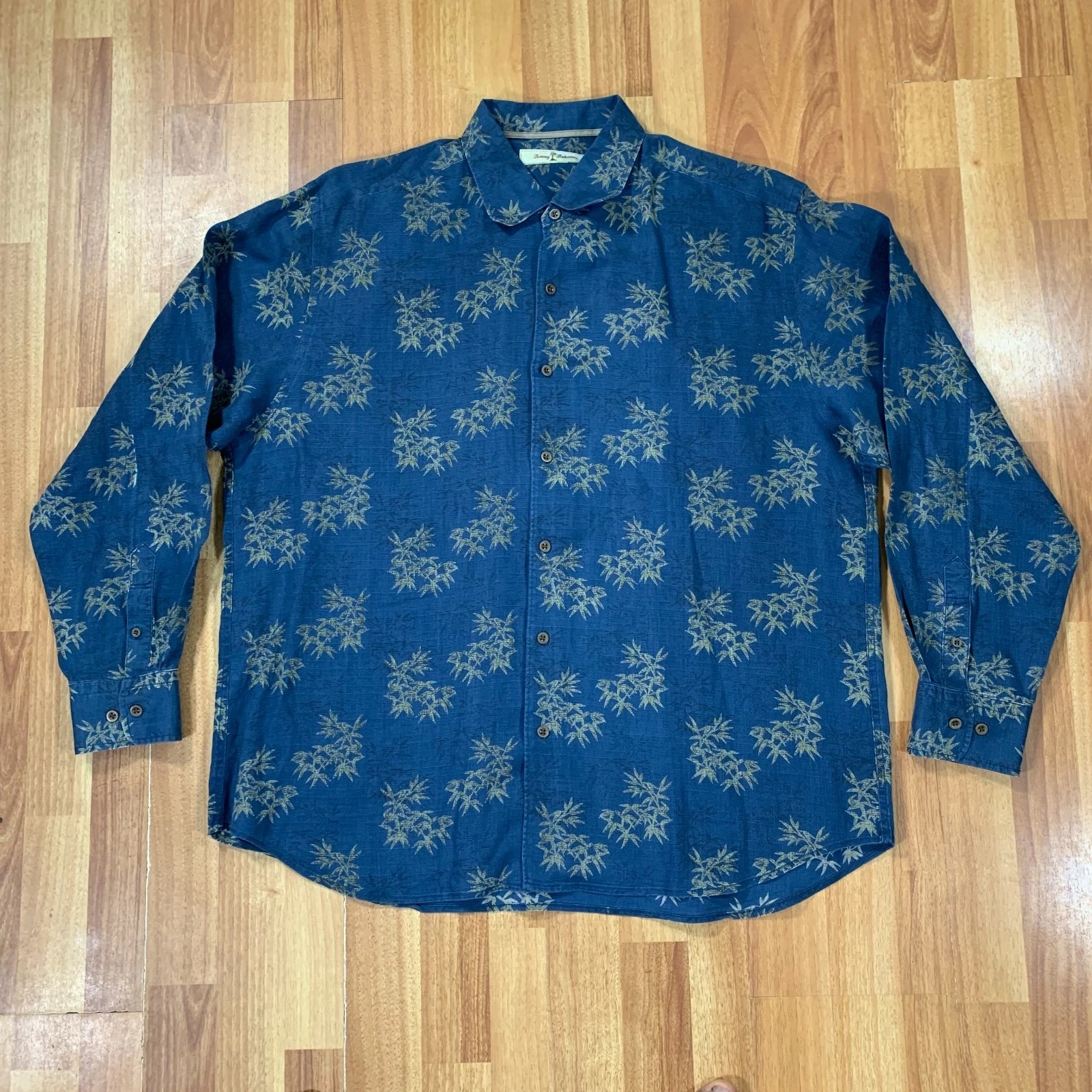 Tommy Bahama Linen Shirt Mens Extra Large Blue Floral Button Up Long Sleeve