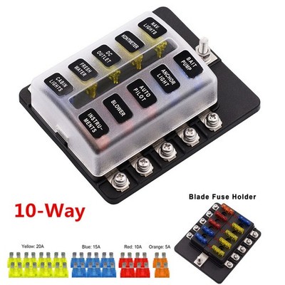12-32V Auto Car 10 Way Circuit Standard Blade Fuse Box Block Holder w/ Fuses Kit