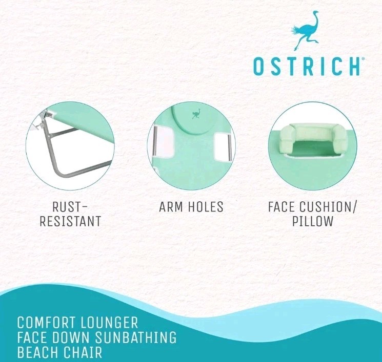 Ostrich Folding Beach Lounge Chair, Reclining Outdoor Chaise Lounger, Teal