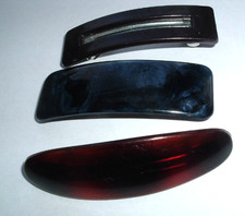 3 VINTAGE BLUE BLACK AND TORTOISE CELLULOID HAIR BARRETTES
