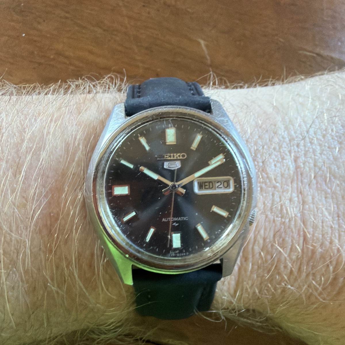 SEIKO クォーツ腕時計 ブラックレザー Seiko 5 Automatic 7009-4040 Day Date Black Dial Vintage Mens Watch